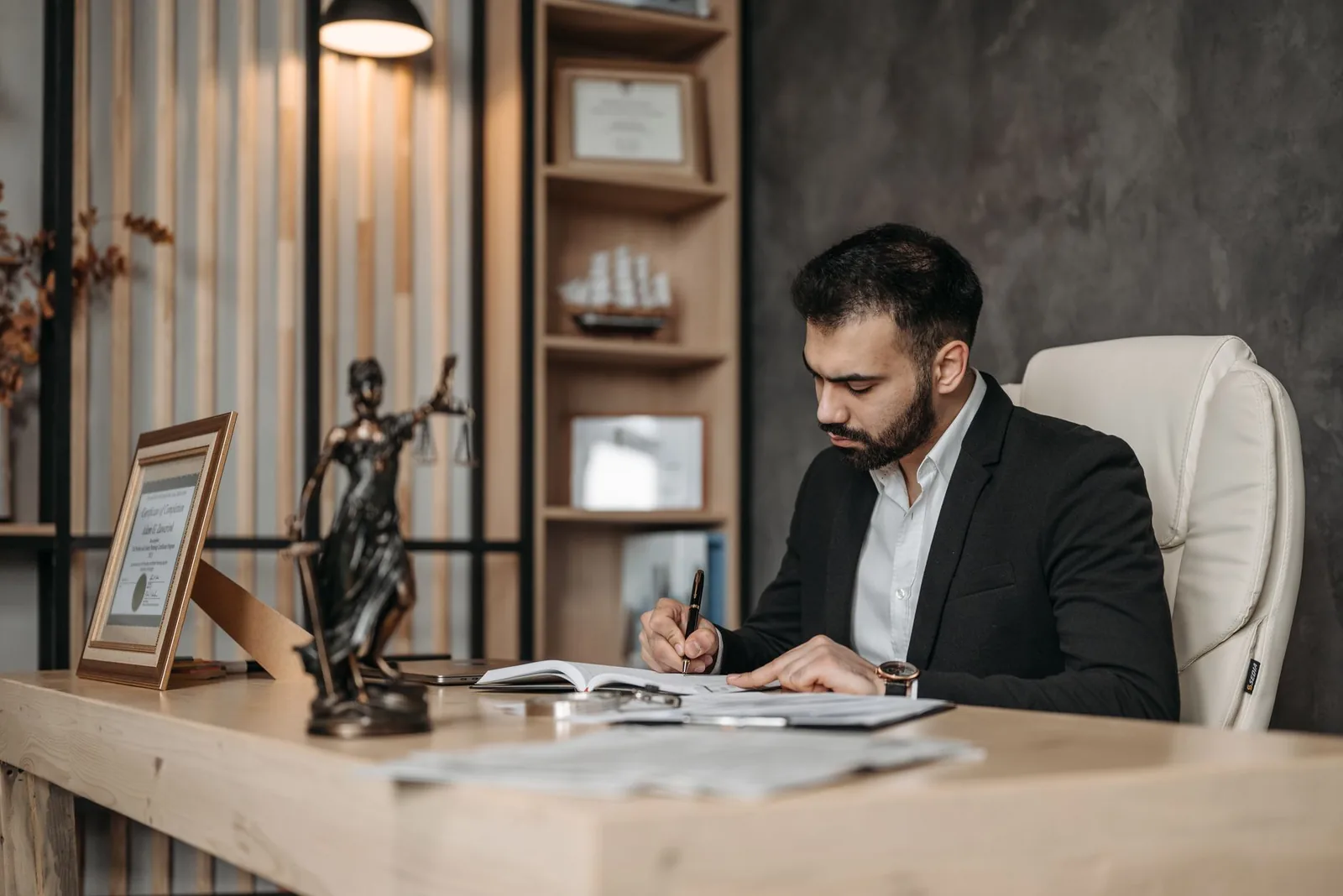 A property consultant reviewing documents at his desk
